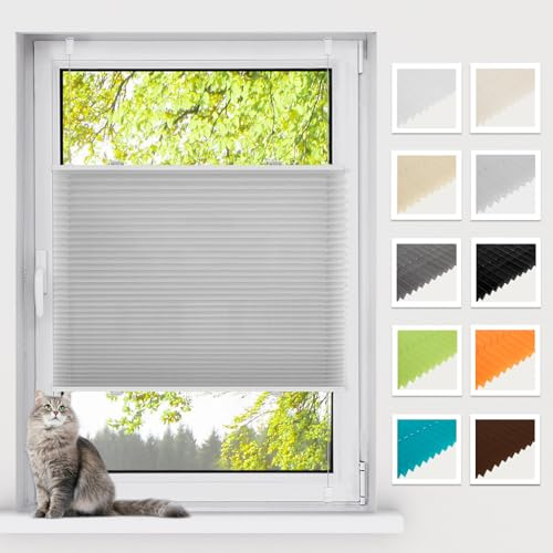 BelleMax Plissee ohne Bohren Klemmfix, Hellgrau 80x140cm(BxH), Easyfix lichtdurchlässig Sichtschutz und Sonnenschutz, Jalousie Plisseerollo mit Klemmträger, Faltrollo für Fenster & Tür