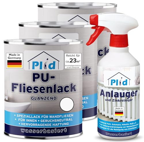 Plid Fliesenfarbe Weiß Glänzend 2,25 l – mit Anlauger | Fliesenlack Bad & Küche | Feuchtigkeitsbeständig | Hochdeckend | Wandfliesen Innen | ca. 23 m² | Made in Germany