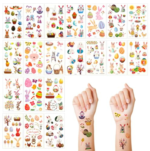 20 Feuilles d'Autocollants de Tatouage de Pâques pour Enfants, Différents Styles Ouf Coloré Panier Tatouages Temporaires Lapin Tatouage de Lapin Mignon Cadeaux de Fête de Pâques Sac Cadeau