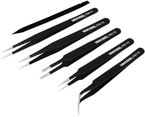 MMOBIEL 5x Pinzas Industriales de Precisión ESD Anti-Estáticas de Acero Inoxidable para Electrónica, Joyería, Ordenadores, Trabajos de Laboratorio, Manualidades y Hobbies – Incl. Planca de Plástico