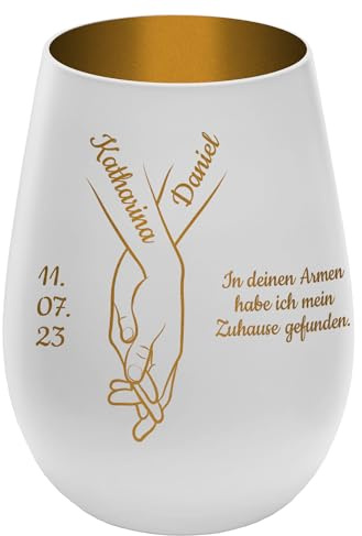 Personalisierbares Windlicht ''Hand in Hand'' - Weiß/Gold - gravierter Glas Teelichthalter mit Namen, Daten, Wunschtext - Höhe 12 cm - Geschenk zu Hochzeit Verlobung Jahrestag Valentinstag