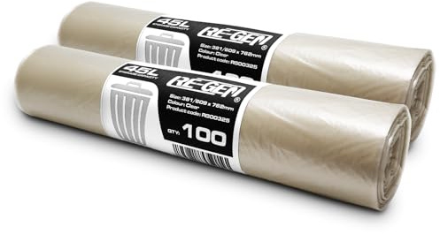 2 Rolls | 200 Bags | RE-GEN 45L 10kg Load Clear Heavy Duty Bin Liners Refuse Sacks, Everyday, Office & Home Use | Industrial Strength Transparent Rubbish Bags 381/609 x 762mm