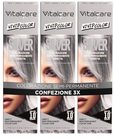 Vitalcare | Vivid - Colorazione Semipermanente Professionale, Tinta Colorante Capelli, Durata Fino a 20 Lavaggi, Capelli Morbidi, Idratati e Luminosi, Argento, 3 x 100 ml