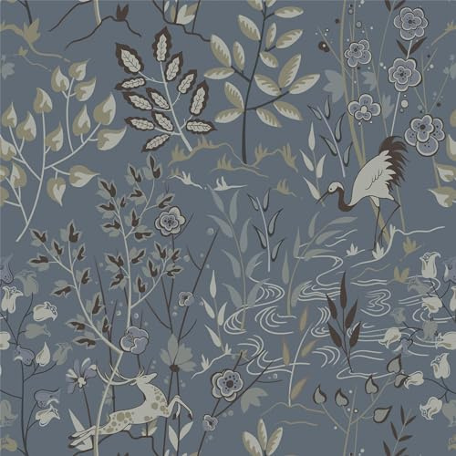 Timeet Klebefolie Blau Matt Selbstklebende Tapete Botanischer 39x1000cm Möbelfolie Selbstklebend Dunkelblau Tapeten Blumen Tier Muster Wasserdichte Vinyl Folie für Möbel Wand Schrank Schlafzimmer