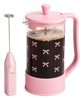 Paris Hilton Bow Design French Press and Frother Coffee Gift Set, Includes a 8-Cup Coffee Press and Battery Operated Handheld Milk Frother, 2-Piece Set, Pink