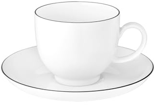 Seltmann Weiden Lido Black Line Kaffeetassen mit Untertassen 6er Set, 220 ml, Tassen-Untertassen-Set mit schwarzem Rand, Porzellan, Weiß