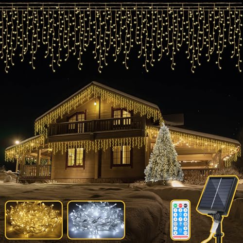 Cecaylie Eisregen Lichterkette Solar, 15M-600LEDs-Warmweiß Lichterkette mit 8 Modi, IP44, Memory&Timing-Fuction, Helligkeitsanpassung, Fernbedienungen, Geeignet für Innen- und Außendekoration