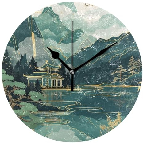 Amooorous Pavilions and Mountains and Rivers 10 Inch Round Hanging Wall Clock Non Ticking Easy to Read for Classroom Office Bedroom