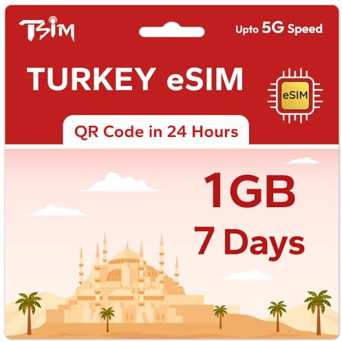 TSIM Prepaid Türkei eSIM für Reisen | 07 Tage 1GB 5G Geschwindigkeit | Hotspot erlaubt | eSIM QR-Code per E-Mail innerhalb von 24 Stunden nach Versand gesendet | QR-Code scannen und sofort verwenden |