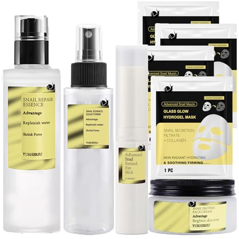 Snail Mucin Essence Set,8PCS Snail Mucin Face Serum,Anti Aging Skincare Set,8PCS Korean Skincare Set with Serum & Toner &Cream &Eye Cream & Collagen Face Mask,Highly Moisturizing & Firming(Day& Night)