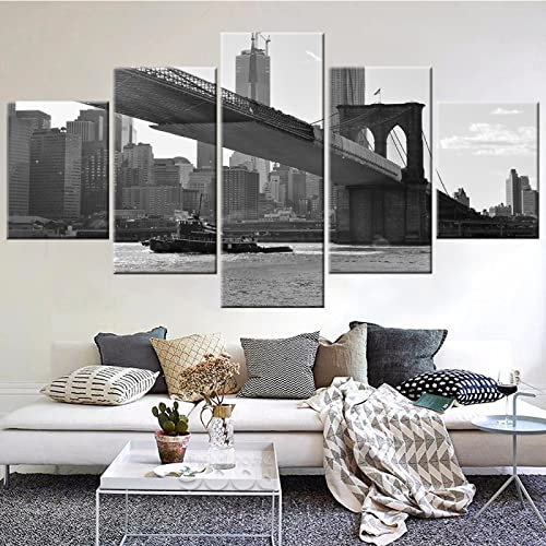 Leinwandbild Wandkunst Leinwanddrucke 5-teilig Landschaftsgemälde New York City-Ansicht Brooklyn Bridge in Schwarzweiß Poster Heimdekoration Rahmenlos 10 cm x 15 cm 10 cm x 20 cm 10 cm x 25 cm