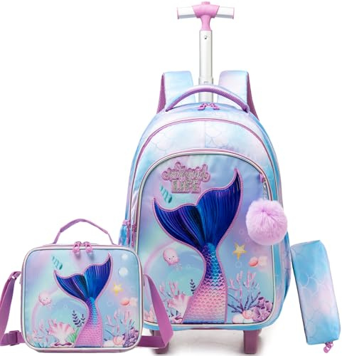 ZBAOGTW Mermaid Rolling Backpack for Kids 8-12 Girls Rolling Backpack Kids Trolley School Bag with Wheels Travel Backpacks Carry on Luggage for Girls with Lunch Box Pencil Case