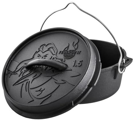 Feuergott Dutch Oven Cocotte en fonte sans pieds 1,5 l – Cocotte avec couvercle pour barbecue, feu de camp, barbecue – pour la cuisson du pain, braiser, rôtir et cuisiner, convient au four et à