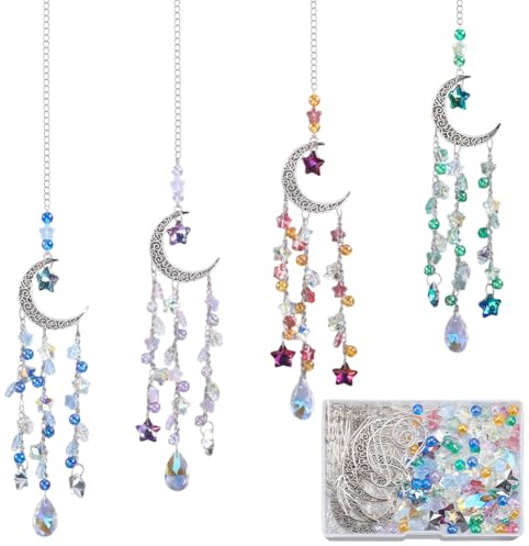 SUNNYCLUE 1 Box DIY 8 Sets Mond Sonnenfänger Basteln Regenbogenfänger Fenster Mond Stern Fünf Sterne Pentagramm ab Farbige Perlen Tropfen Sonnenlichtfänger Bastelset Zum Aufhängen von Ornamenten Garte