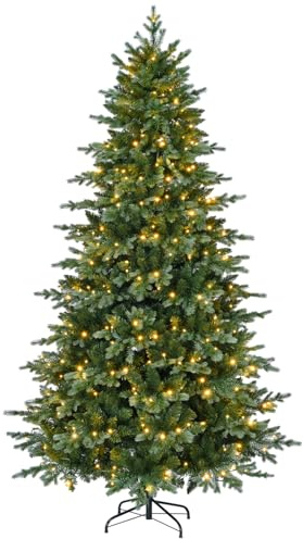 Asinse 7ft Premium Pre-Lit Christmas Tree with 450 Built-In Warm White LED Lights, 8 Lighting Modes, Full Realistic Spruce Pine Xmas Tree with 1030 PE+PVC tips, for Home Office Party, Quick Setup