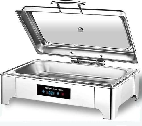 Chafing Dish Elektrisch, 9L Professionelle Speisewärmer Buffetwärmer | Edelstahl Warmhaltebehälter für Buffet und Party mit Touchscreen-Temperaturregelung und Sichtabdeckung aus Glas