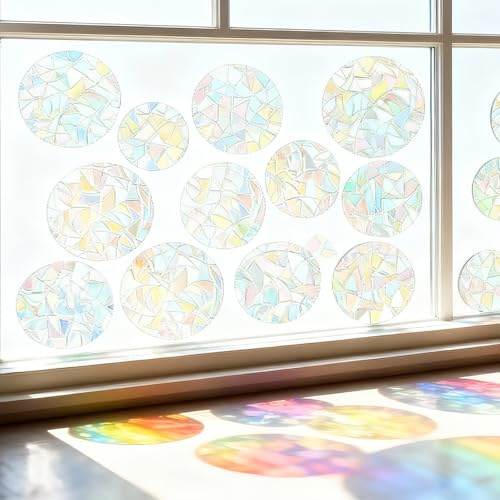 26 Stück Runde Prisma Fensteraufkleber, Selbstklebende Regenbogen Sonnenfänger, Elektrostatische Adsorption, Anti-Kollisions-Fenstersticker für Vögel, Fensterdeko für Glastüren & Fenster