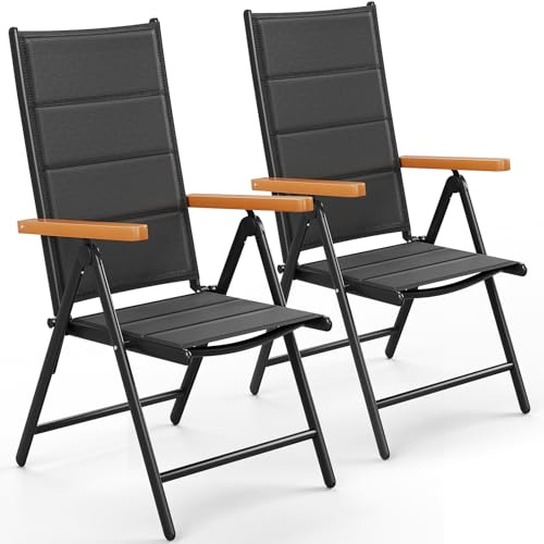 LIFERUN Trädgårdsstolar, hopfällbar med hög rygg, uppsättning av 2 aluminiumbalkongstolar, WPC-armstöd, med quiltat ryggstöd och sits, 7-vägs justerbar, upp till 120 kg, matrumsstol, utomhus, svart, 2