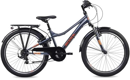 S’COOL troX Mountainbike 24 Zoll, 6-Gang Shimano Kettenschaltung, Alu-Hardtail, für Alltag & Gelände, Kinder 8–12 J., Farbe: Dark Grey/Orange