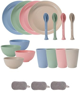 Juego de Vajilla de Plástico,Reutilizables Tazones Platos Vasos Cuchillo Tenedor Cuchara Platos Coloridos Irrompibles Apto Para Microondas y Lavavajillas Camping Hogar (Color mixto, 24 Piezas)