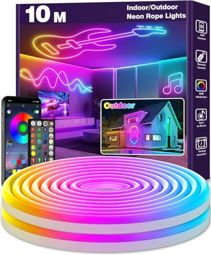LETIANPAI 10m Neon LED Strip, Flexible LED Strips, Control with App/Remote, Multiple Modes, Waterproof, Music Sync Gaming Strip Lights for Bedroom Indoor, IP65 Outdoor RGB Neon Lights