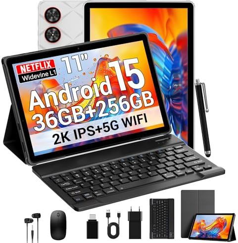 SADSYMB 2026 Dernières 2K Tablette 11 Pouces avec Android 15, Octa-Core, 36GB RAM+256GB ROM (1TB TF), 5G WiFi, 2000 x 1200 Incell, Widevine L1/8000mAh/13MP+8MP/GPS, Tablet avec Clavier et Souris(Gris)