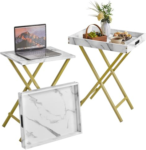 IBUYKE Folding TV Tray Tables 2 Set, Foldable Side Table with Removable Food Serving Tray, Portable Wooden Coffee Snack Table for Livingroom, Bedroom, Office, Camping, White with Gold TVT001G