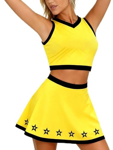 Generisch Cheerleader Kostüm Damen 2er Cheerleading Outfit Kleid Frauen Cheer Uniform mit Pompoms Cheerleading Kleidung für Faschingskostüme Halloween Karneval Party Dress Up