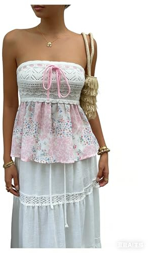 WDIRARA Women's Floral Peplum Tube Tops Strapless Crochet Bandeau Ruffle Knit Crop Top Multicolor Medium