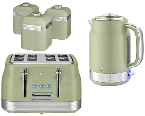 Swan Retro Revive Green 1.7L 3KW Jug Kettle, 4 Slice Toaster and Retro Canisters. Matching Retro Kitchen Bundle Set in VIntage Green with Chrome Accents