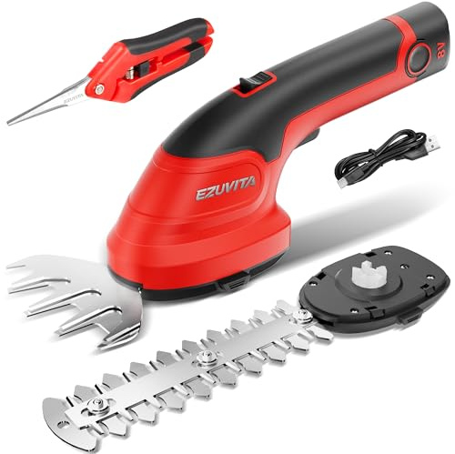 EZUVITA 2-in-1 Cordless Hedge Trimmer&Grass Shear, 8V Hand Held Hedge Trimmer with 2000mAh Removable Battery, Hedge Cutter with 2 Interchangeable Blades for Bushes, Branches, Shrubs, Lawn Edging (Red)