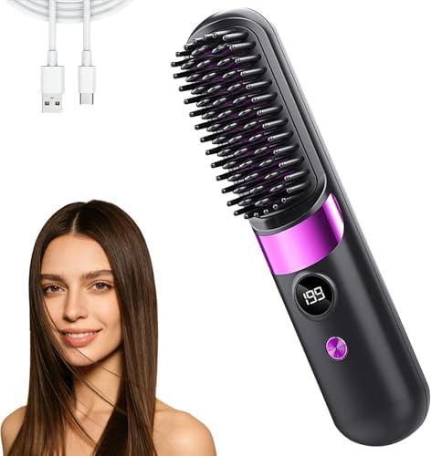 Stylingbürste für Kurze Haare, Glättbürste Kabellos, USB Wiederaufladbar, Tragbare Glättungsbürste für alle Haartypen, beheizte Stylingbürsten, Schnellaufheizung, für Reisen und Täglichen Gebrauch