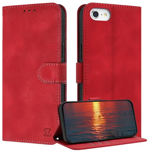 ZONNAVI für iPhone SE 2020 / SE 2022/8 / 7 Hülle, [RFID Blocker] PU Lederhülle Schutzhülle mit Kartenfach, Wallet Case Stoßfeste Flip Cover für iPhone SE 2020 / SE 2022/8/7 Handyhülle (Rot)