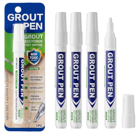 4PCS White Grout Pen for Tiles, Waterproof Grout Pen White with Fine Tip, Mold-Resistant Grout Reviver for Kitchen Bathroom Floor Tiles Wall Lines