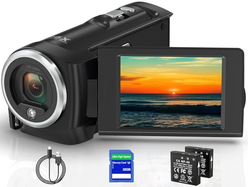 Muitune Camcorder Video Camera QHD 2.7K 56MP 16X Digital Zoom Vlogging Camera with LED Fill Light for YouTube, 2.8 Inch 270 Degree Rotation LCD Screen Camcorder with 32GB SD Card and Two Batteries