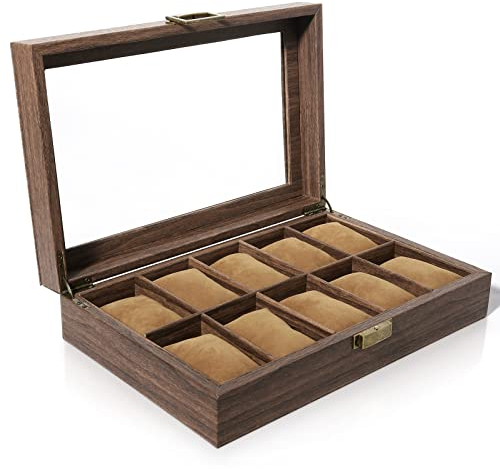 Uten Uhrenkasten für 10 Uhren, Uhrenbox mit Uhrenkisse, klarem Deckel und große Fächern, Uhren Aufbewahrungsbox Uhrenschatulle aus PU Leder, elegantes Geschenk