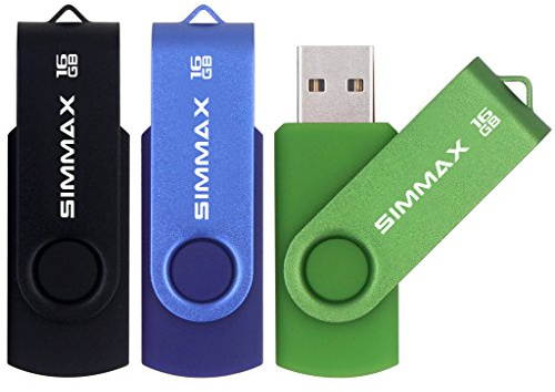 SIMMAX USB Flash Drives 3 Pack 16GB Memory Stick Swivel Design USB 2.0 Flash Drive Thumb Drive Zip Drives (16GB Black Blue Green)