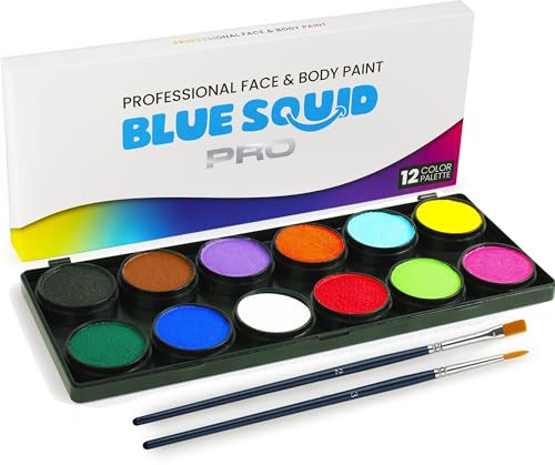 Blue Squid PRO Professionelles Face Painting Kit für Kinder - 12 Farbpaletten-Set mit 2 Pinseln, Body & Face Paint Kits für Kinder, Erwachsene - Sichere waschbare SFX Schminkfarben für Party