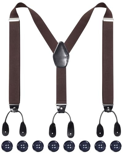 Kajeer, Bretelle da uomo regolabili con bottoni, resistenti, elastiche con retro a Y, con bottoni in pelle, Caffè, taglia unica