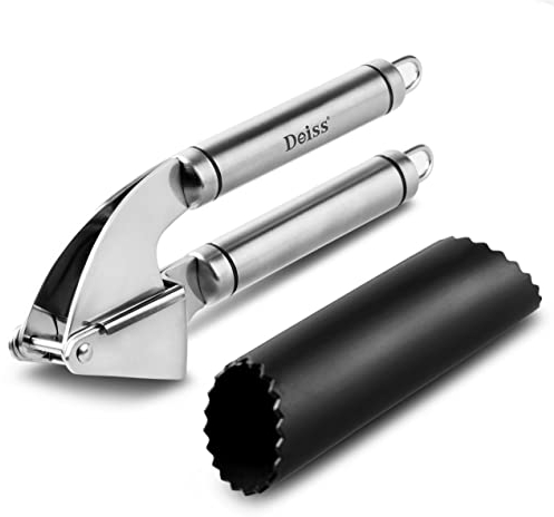 Deiss PRO Garlic Press and Silicone Peeler Set - Stainless Steel Garlic Mincer and FDA Silicone Peeler - Dishwasher Safe