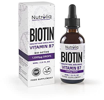 Nutroliq Biotin Liquid Drops - Vegan Vitamin B7 Dietary Supplement for Hair, Nail & Skin Health - Pure 12000mcg Biotin Drops for Hair Growth - Extra Strength Berry-Flavoured Vitamin H Serum - 60 ml