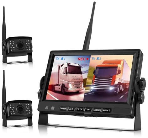 Cámara Trasera Inalámbrica para Camión, Kit Cámara Marcha Atrás Camión 24V DVR AHD, Monitor IPS 7'' Grabación Multicanal, Cámara Trasera para Camión, Visión Nocturna