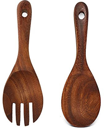 Tenedor de cuchara de arroz de mango largo, Servidores de ensalada de madera de acacia, cuchara de arroz, tenedor de cuchara, ensalada, utensilios de cocina, mango largo, tenedor de cuchara de arroz
