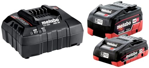 metabo Basis-Set LiHD 18V, Akku-Set mit 4,0 Ah, 5,5 Ah und Ladegerät ASC 55 | Zwei LiHD Akkupacks mit Kapazitätsanzeige, kompatibel mit CAS Werkzeugen, AIR COOLED Ladetechnologie, Modell 685160000