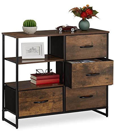 Relaxdays Cómoda 4 Cajones 2 Baldas, Tela, Metal, Efecto Madera, Estilo Industrial, Marrón y Negro, Tablero de Fibras, 71,5 x 84 x 32,5 cm Aprox