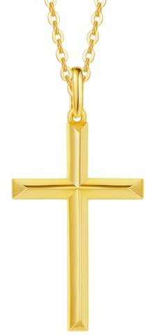 FANCIME Women Cross Necklace of Yellow Gold Plated 925 Sterling Silver Beveled Cross Pendant Necklace Dainty Fine Delicate Jewelry Easter Day Gifts for Women Girls, Length 40 + 5 cm