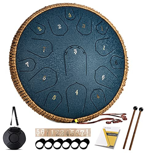 HOPWELL Steel Tongue Drum - 14 Inch 15 Note Tongue Drum - Hand Pan Drum with Music Book, Handpan Drums Mallets and Carry Bag, D Major (Navy Blue)