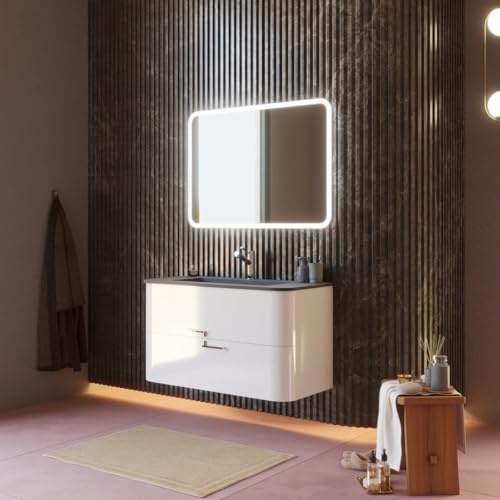 Kiamami Valentina Mobile Bagno Sospeso 100 cm Bianco Lucido Lavabo Nero | 2 cassetti chiusura rallentata, lavabo resina nero opaco, specchio led 100x70 cm, MDF certificato FSC