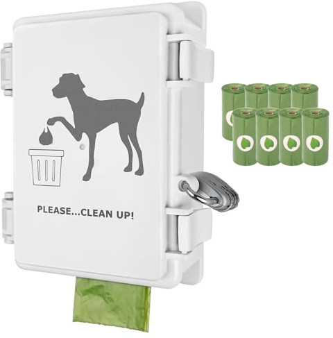 Dog Poop Bag Dispenser Wall Mounted Outdoor Pet Poop Bags Storage Container with Lock, 8 Small Rolls Stake, Pole, Fence Mountable fits Home Commercial Occasion(White dispenser+8 rolls+lock)
