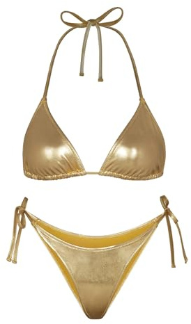 Metallic Bikini Sets for Women - Silver Micro Bikini Sexy Swimwear Halter Neck Triangle Top High Waisted Tie Side Thong Bottom Shiny Swimsuit(Gold,L,1026r)